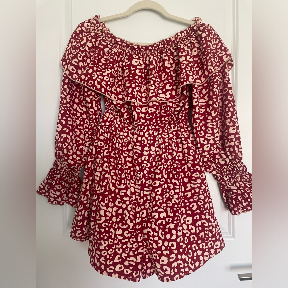 Red leopard print off the shoulder romper